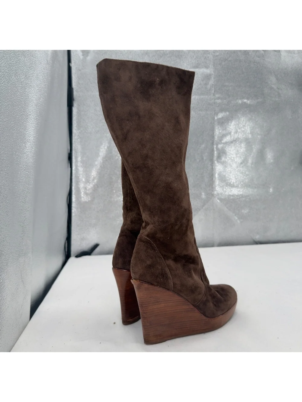 Vintage  Manntra Leather Brown Suede Wedge Knee High Boots Round Toe Size 9M
